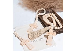 RUIRUICO 3 Pieces Wood Bead Garland with Blessed Cross, Cross Bead Garland with Tassel, Farmhouse Beads with Cross, Beaded Cross Decor