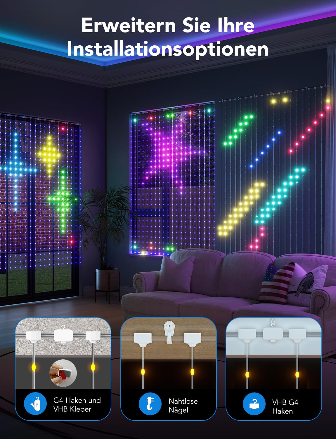 Govee Curtain Lights, 520 RGBIC LEDs Lichterkette, DIY Lichtmuster, Smart LED Vorhang 86+ Modi, Wasserfest, kompatibel mit Alexa für Weihnachten Christmas, Party Deko 2m x 1,5m (H x W) 4
