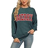 Ladicme Christmas Sweatshirts for Women Merry Sweater Letter Print Striped Crewneck Sweatshirt Holiday Long Sleeve Pullover