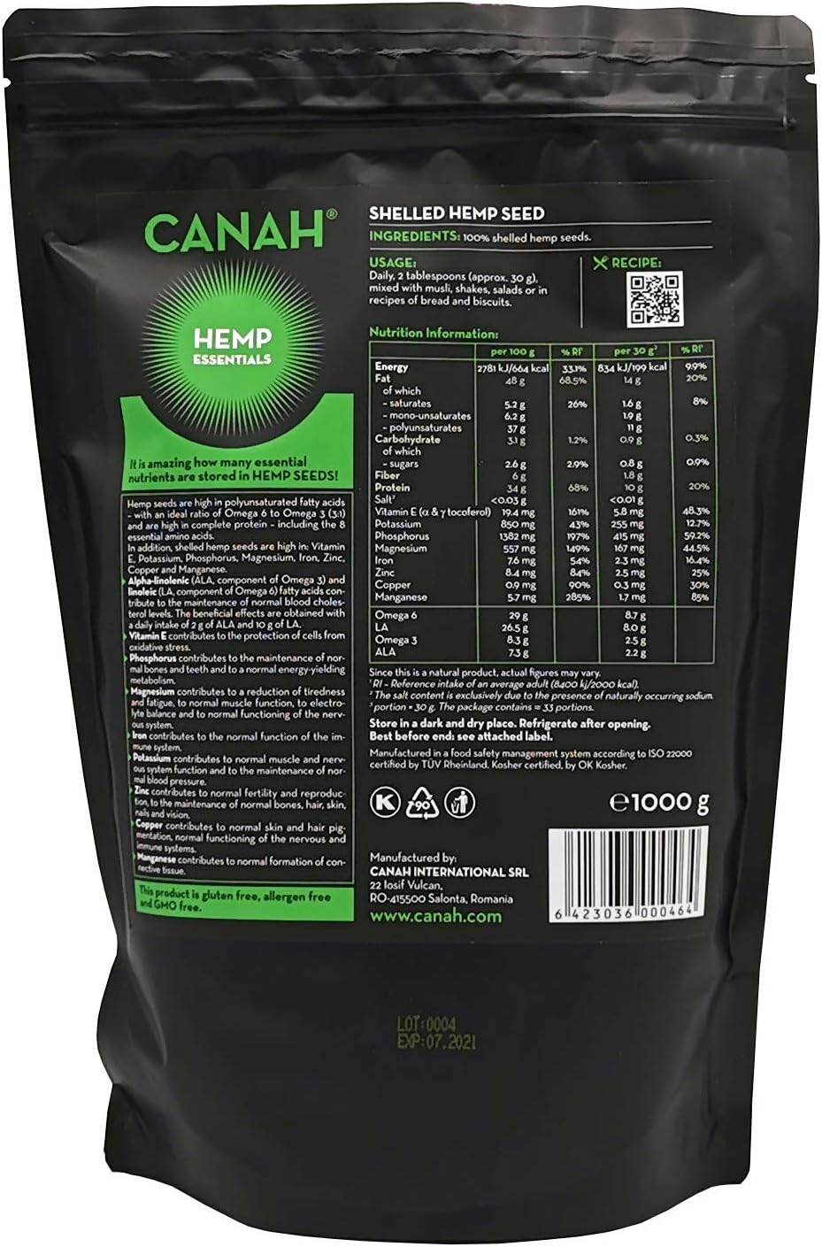 Canah® Natural Hemp Seed Raw Shelled (Hulled) Hearts 1000 g, Vegan, High in Protein, Fiber, Omega 3 & Omega 6 - Image 3