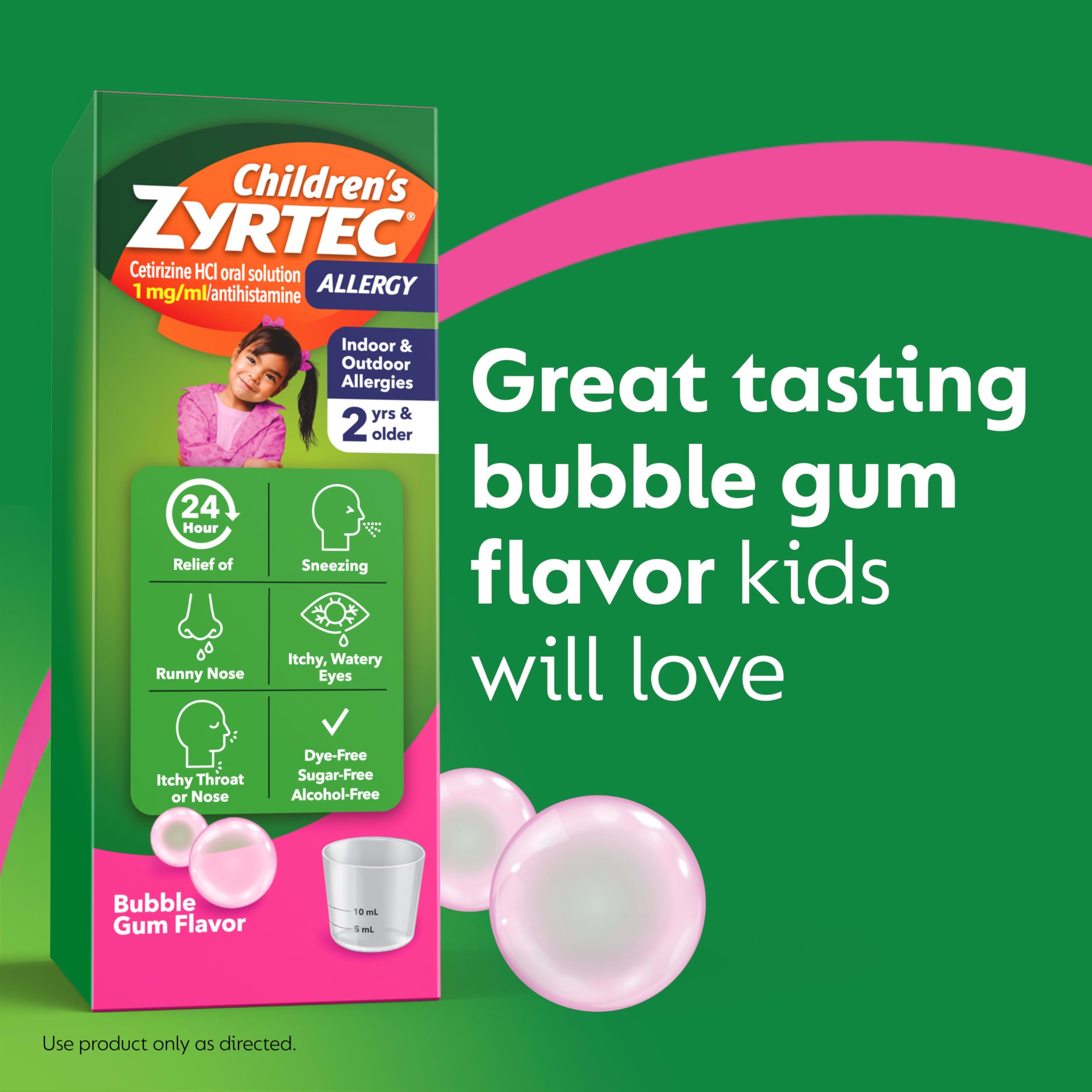 Children's Zyrtec 24 Hour Allergy Relief Syrup, Cetirizine Hydrochloride Antihistamine, Allergy Medicine for Indoor & Outdoor Allergy Relief, Dye- & Sugar-Free, Bubble Gum, 4 fl. oz