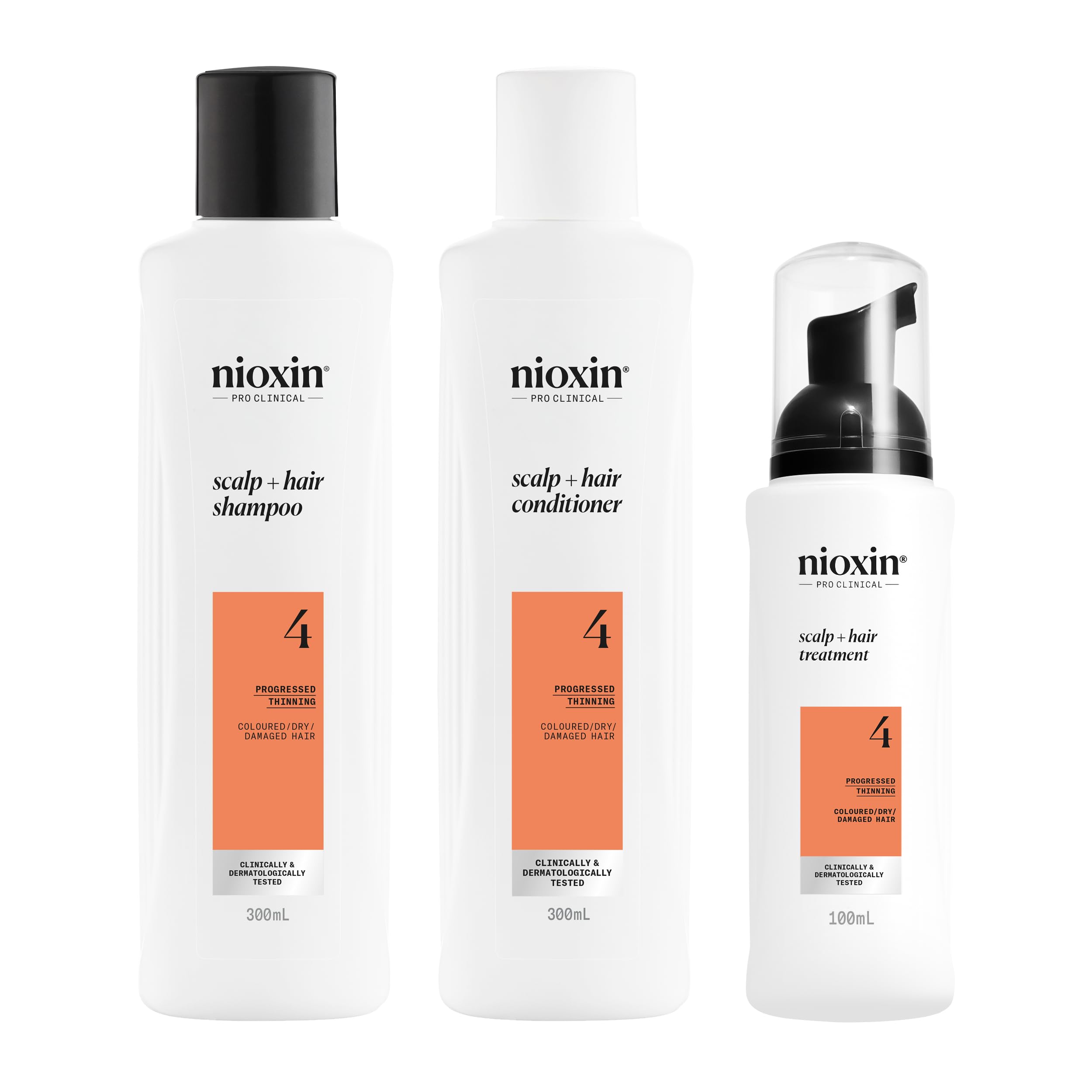 Nioxin Scalp + Hair Thickening System 4 Loyalty Kit - Hair Thickening System for Coloured, Dry and Damaged Hair with Progressed Thinning - Shampoo, Conditioner and Scalp Treatment, 300+300+100ml