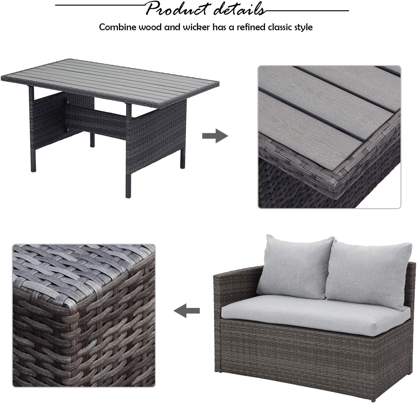 Wisteria Lane Patio Furniture Set,7 Piece Outdoor Dining Sectional Sofa Couch with Dining Table and Chair, All Weather Deck Wicker Conversation Set with Cushion, Grey: Garden & Outdoor