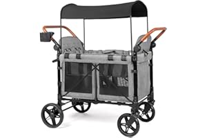 LEADZM Stroller Wagon for 4 Kids, Toddler Wagons with All Terrain Wheels, Features Face to Face & Bus Seating, Quad Wagon with Raised Seat, Cup Holder, Adjustable Canopy