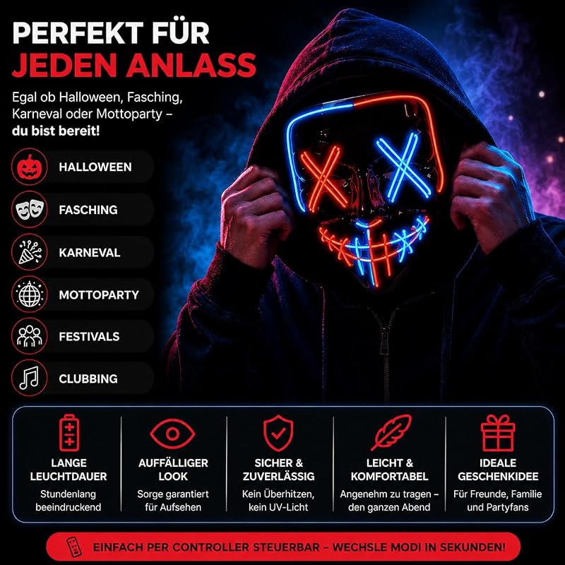 Máscara de terror LED rojo y azul - como de Purge con 3 efectos de luz, controlable, para Halloween como disfraz para hombres y mujeres — foto 7 de 7