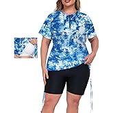 Inno Women's 2 Pcs Plus Size Rash Guard Set with Built-in Bra Zip Swim Top UPF 50+ Adjustable Ruched Side Swimsuit