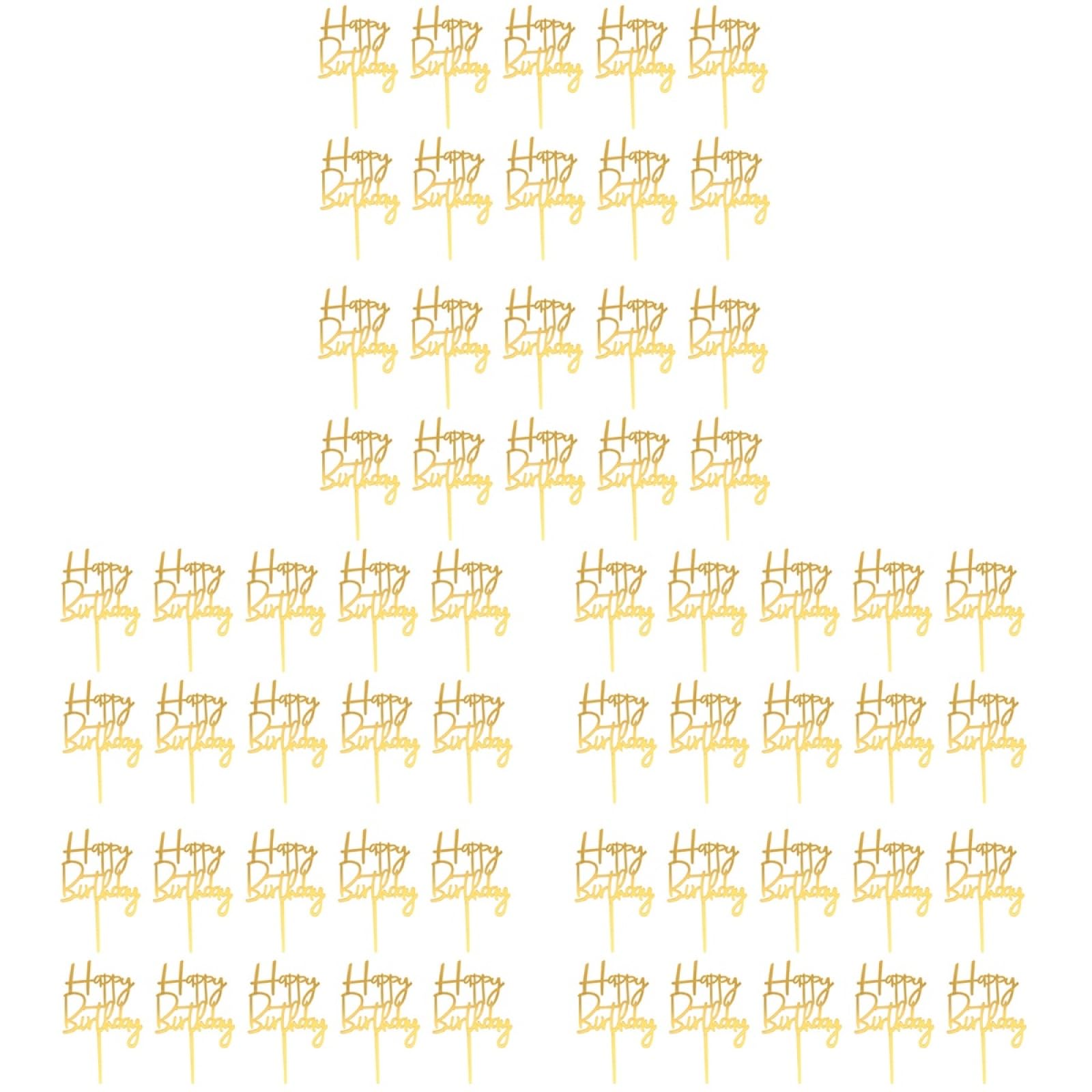 Photo 1 of Amosfun 60pcs Acrylic Happy Birthday Cake Toppers Golden Cake Ornaments for Cupcakes and Cakes Birthday Party Supplies