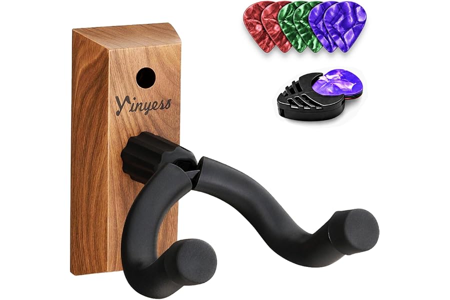 yinyess Guitar Wall Mount with Pick Holder and 6 Celluloid Picks, U-Shaped Walnut Wood Guitar Hanger, Guitar Holder Hook Stand Wall for Acoustic, Electric Guitar, Banjo, Bass, Guitar Accessory Gift