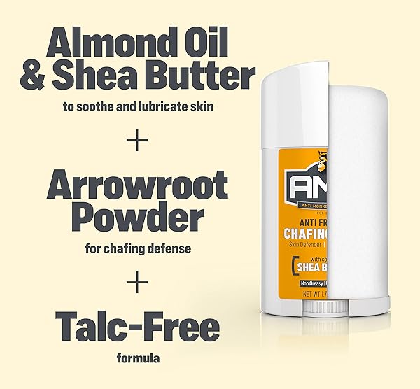 ANTI MONKEY BUTT ANTI-CHAFING STICK – MESS-FREE, EASY GLIDE APPLICATION WITH SHEA BUTTER & ALMOND OIL – PREVENTS & SOOTHES THIGH, CHEST, BRA LINE, & UNDERARM CHAFING – 1.7 OZ