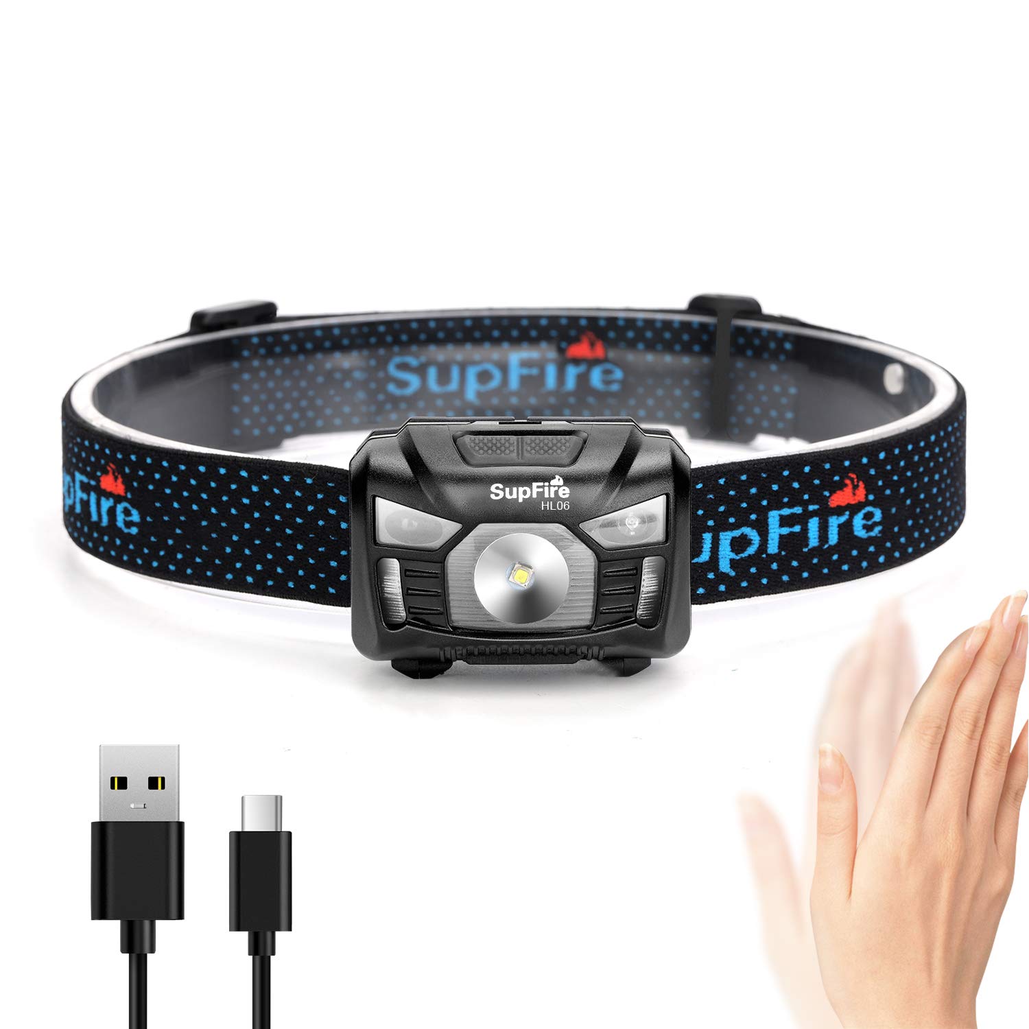 Supfire Headlamp LED Headlight Waterproof 500 Lumens Cree LED Head lamp with Red Light and Temperature Induction Switch,Rechargeable with USB Cable Directly,5 Modes for Camping Cycling etc,Model HL06