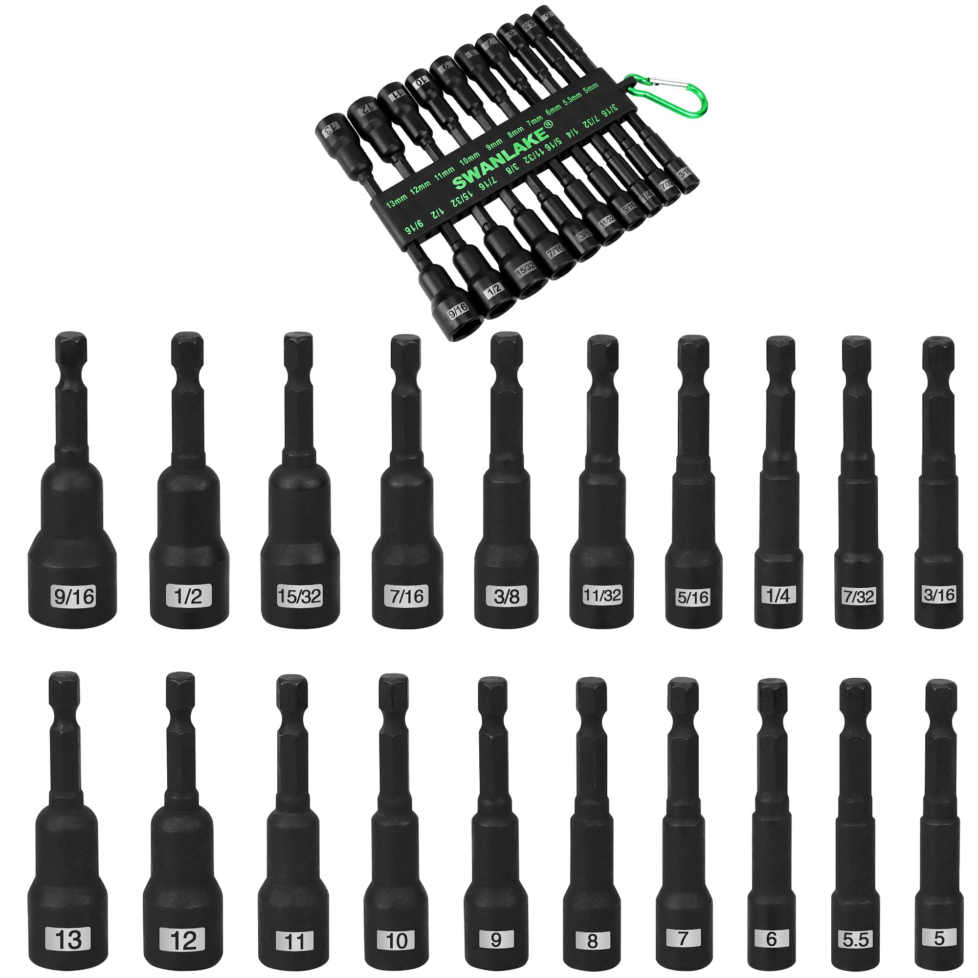 Magnetic Nut Driver Set - 20-Piece Metric & SAE 1/4" Hex Shank Drill Socket Impact Driver Bit Holder with Aluminum Alloy Snap Clip, 65mm Long Hex Bit, Quick Change Tool