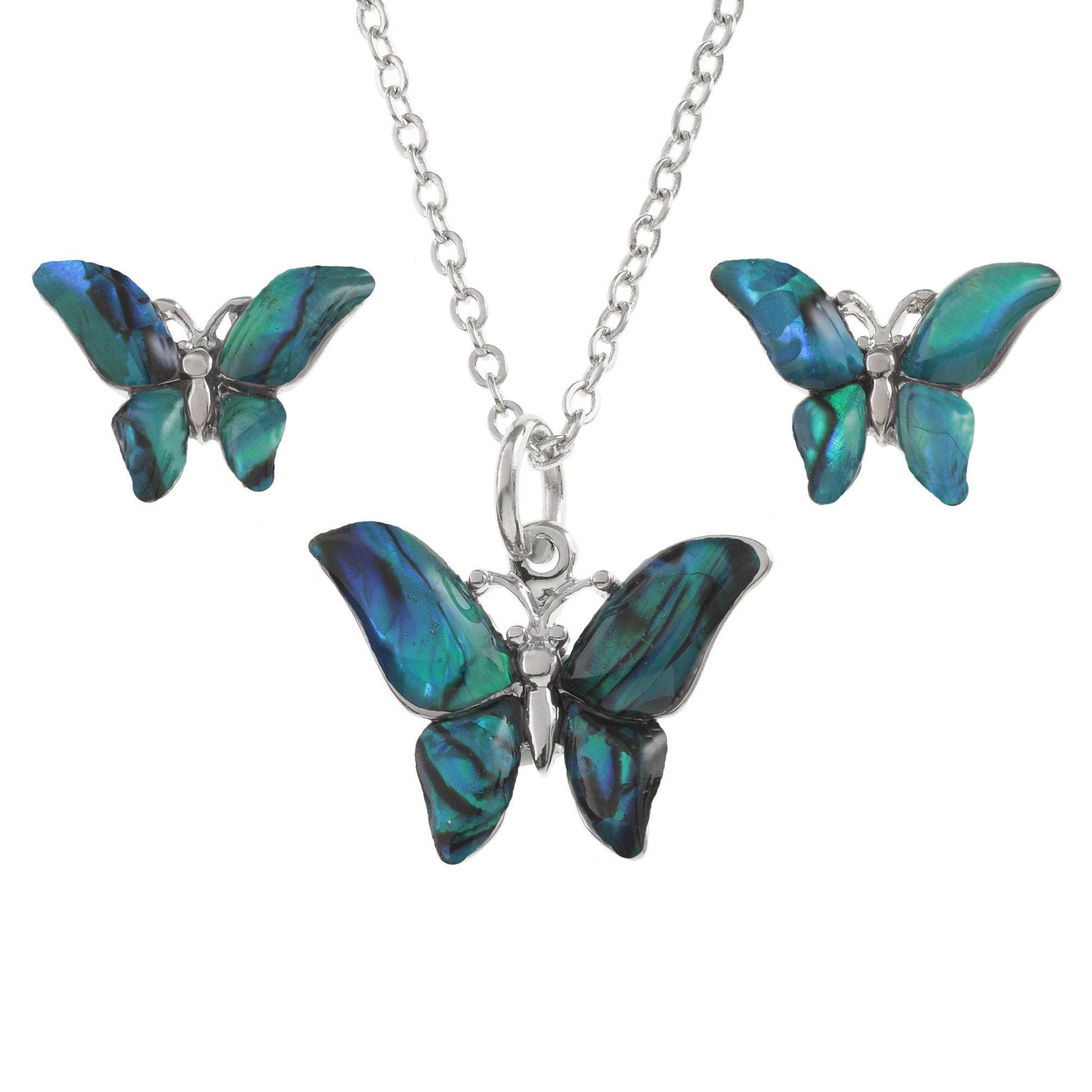 Kiara Jewellery Butterfly Boxed Pendant Necklace And Stud Earring Set Inlaid With Natural Bluish Green Paua Abalone Shell on 18" Trace Chain. Non Tarnish Silver Colour Rhodium plated.