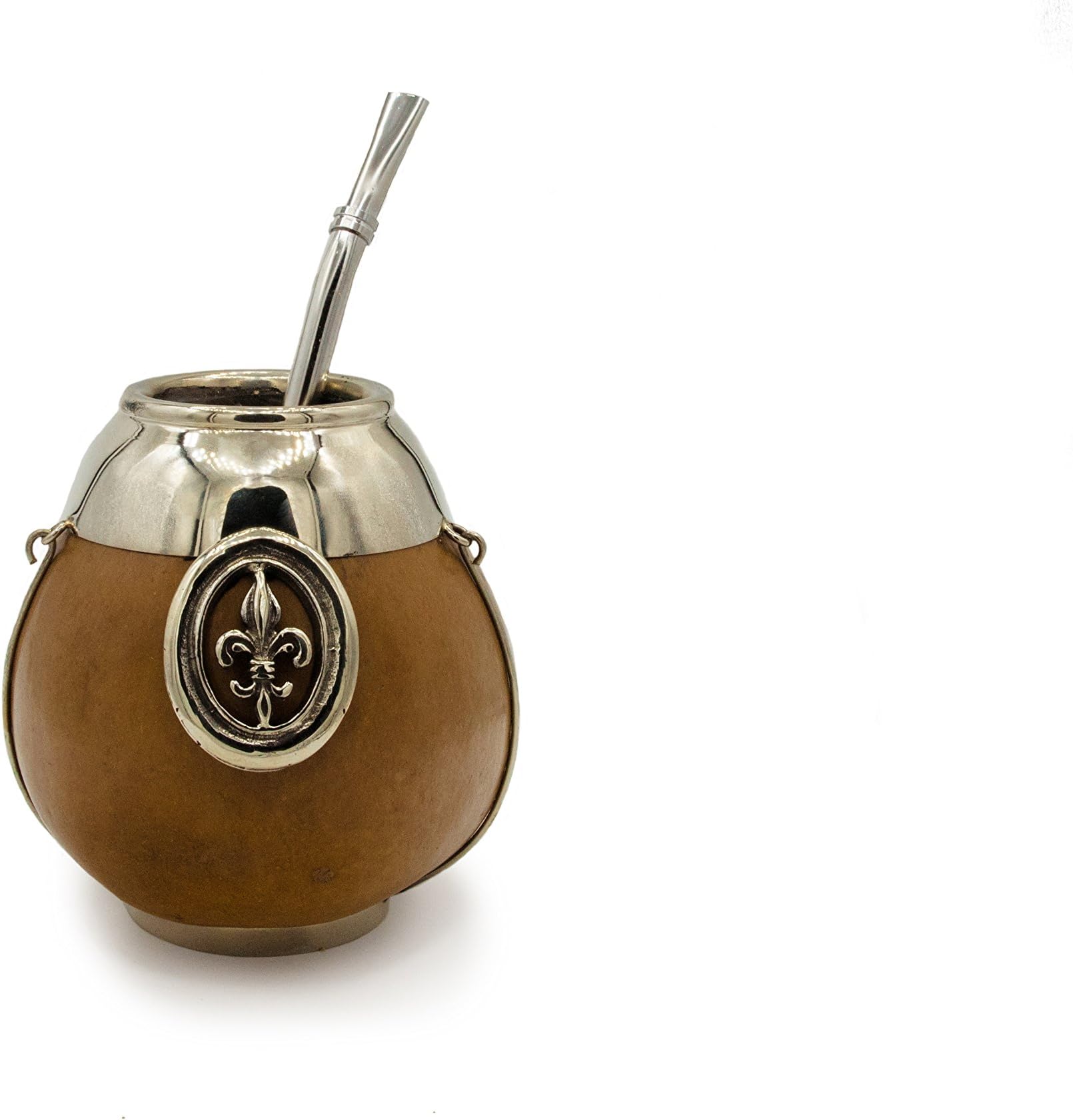 Unique hand-made natural yerba-mate gourd with detailed artisan metalwork and spoon-filter alpaca bombilla (Camel)