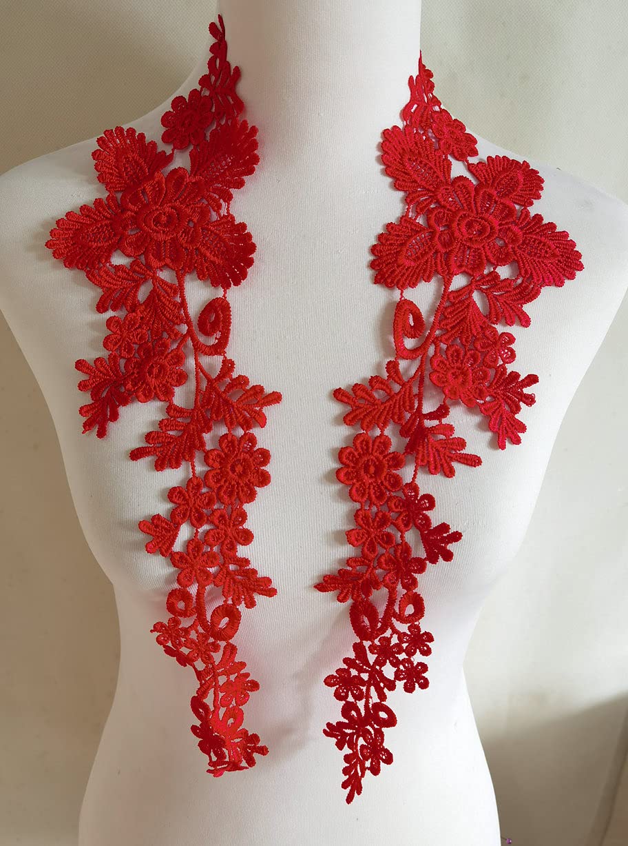 Photo 1 of 1 Pair Embroidery Applique Wedding Lace Floral Motif Sewing Trims Decoration (Red)
