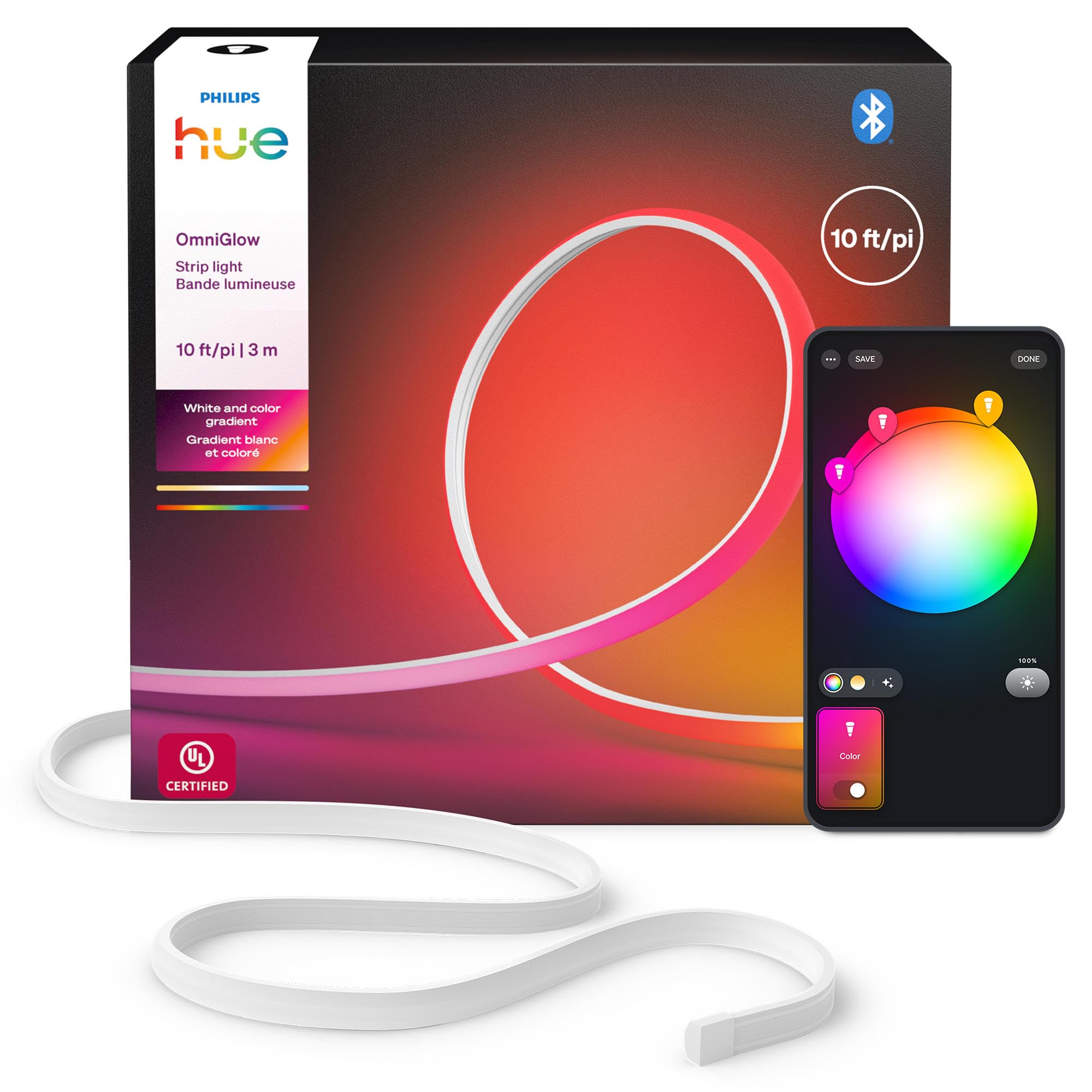 Photo 1 of Philips Hue OmniGlow 9.8-Foot Micro LED Strip Light, 2700 lm, Vibrant Color and Ambiance, Flexible Indoor Lighting, Uniform Light, Cuttable, App and Voice Control