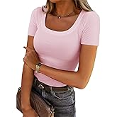 Chulianyouhuo Women's Short Sleeve Scoop Neck Ribbed Knit Fitted Casual Tops Tee Summer Slim Basic Shirts