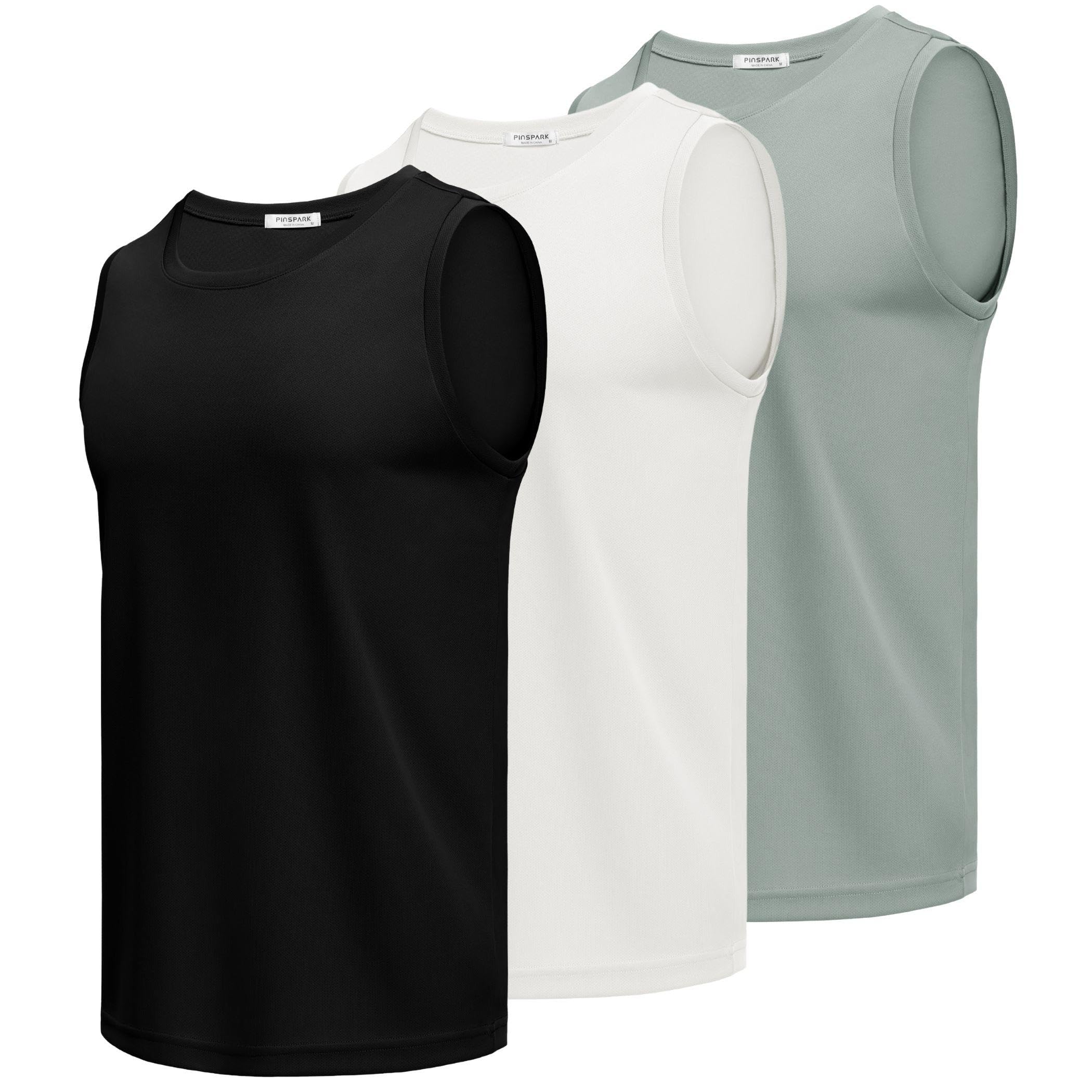 PINSPARK Men's 3 Pack Tank Tops Workout Sleeveless Muscle Shirts Quick Dry Gym Bodybuilding Fitness Shirts for Men
