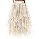 LBKKC Tulle Skirts for Women, Puffy Skirt Asymmetrical Midi Length Ruffled Tutu Layered Mesh Fairy Skirt