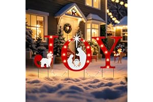WONDER GARDEN Outdoor Christmas Decorations, 3 PCS Metal Christmas Yard Signs, Joy with Nativity Sets Outdoor and Led Light Xmas Yard Stake for Lawn Religious Scenes Yard Decor