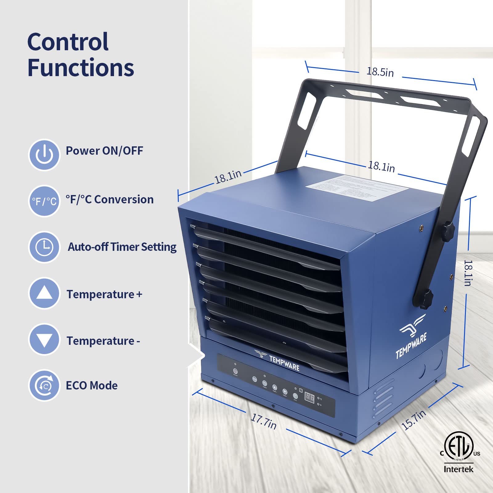 TEMPWARE Electric Garage Heater, 10,000-Watt Digital Fan-Forced Ceiling Mount Shop Heater with ECO Mode, 240-Volt Hardwired with Full-Function Remote and 12-Hour Timer, Ideal for Workshop