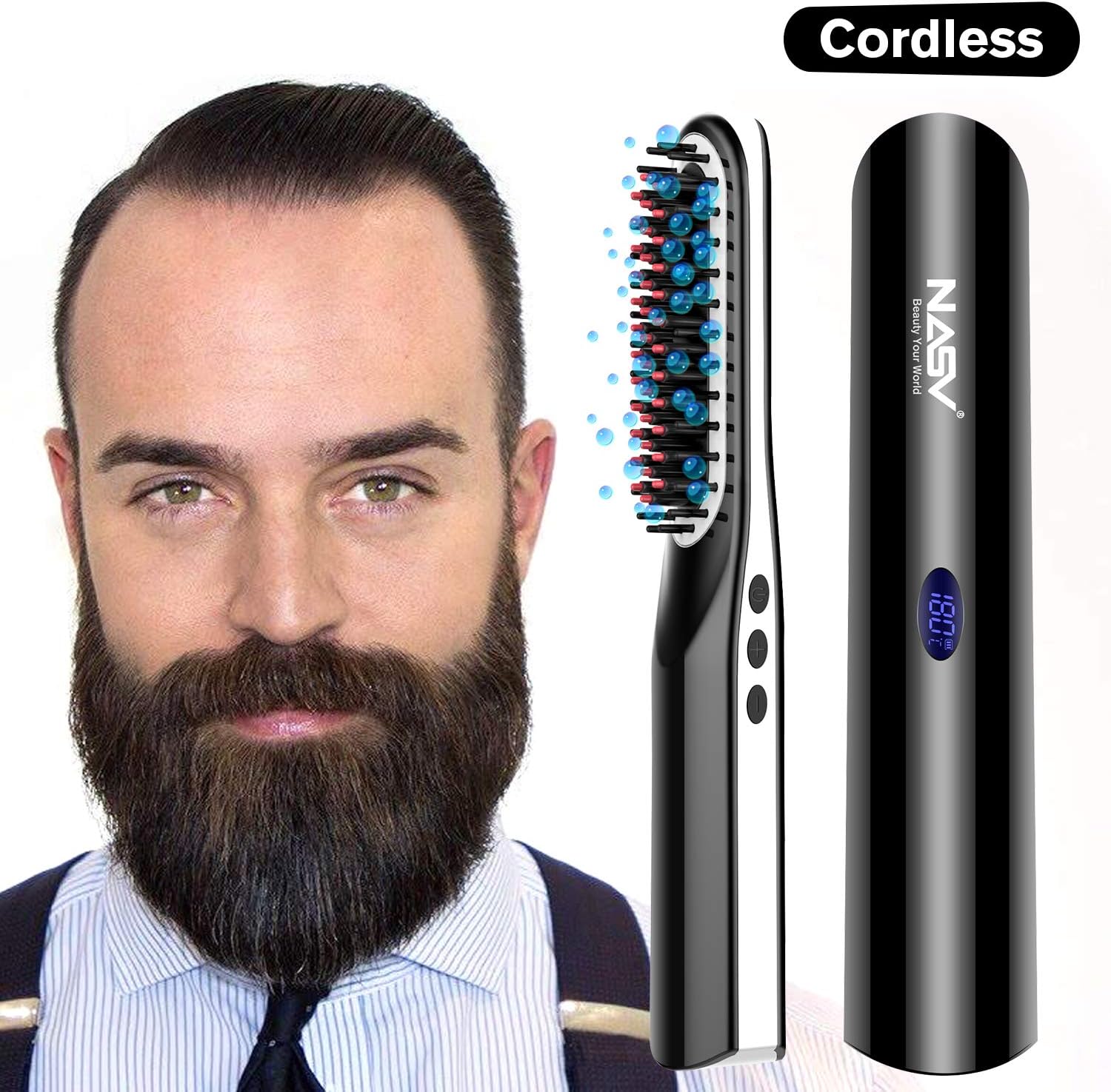 DOMAVER Beard Straightener Brush, Cordless Beard straightening Comb, Portable USB Rechargeable LCD Display Beard Brush Anti Scald Electric Heated Beard & Hair Ionic Straightener Brush for Men & Women