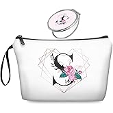 Personalized Initial S floral Travel Makeup Cosmetic Bag set with Mirror for women girls,Bride Bridesmaid White Ietter Makeup Bag organizer kit for Travel & Daily Use,Initial Gifts for Girls Friends