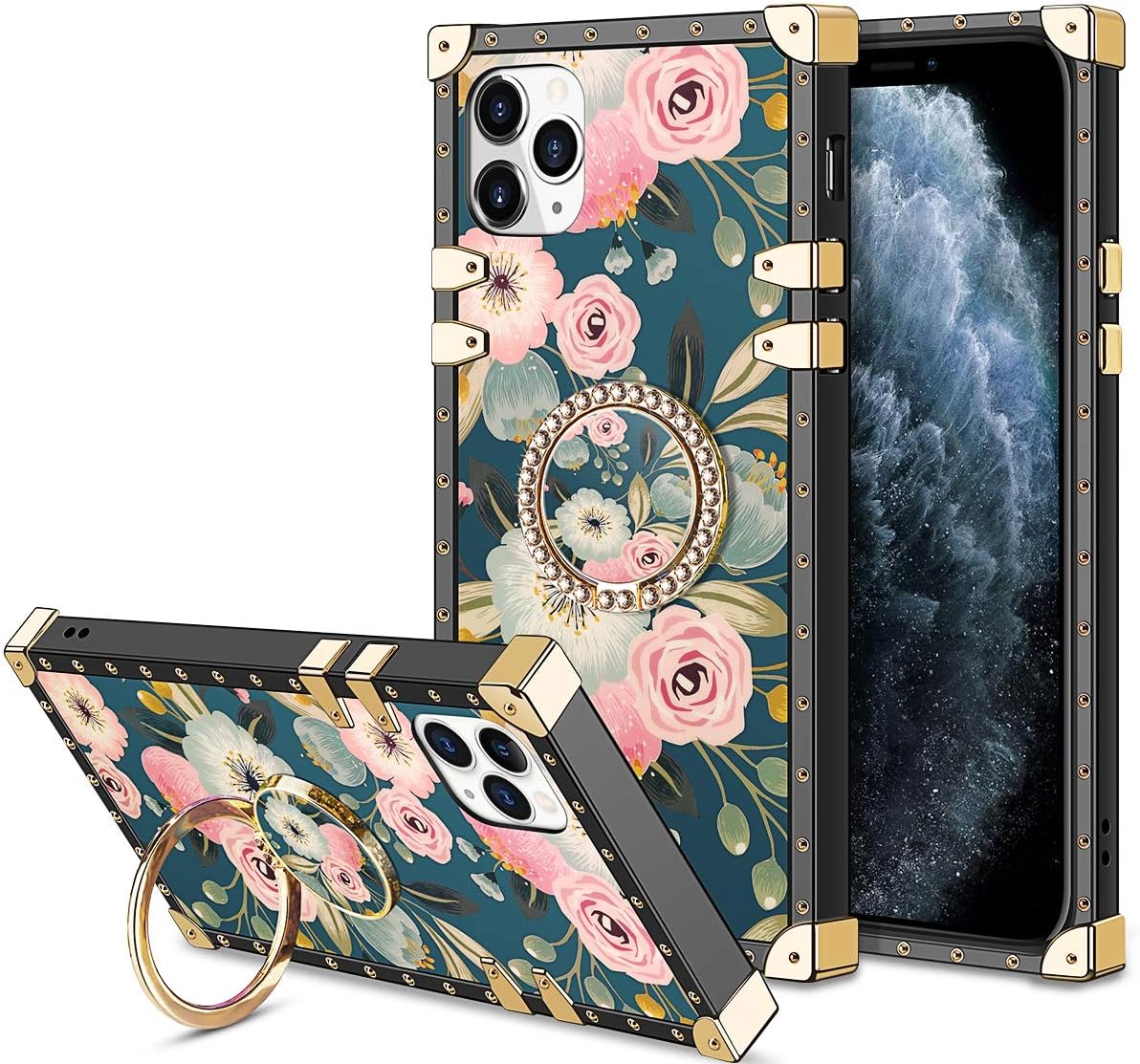 HoneyAKE Case for iPhone 11 Pro Max Case with 360 Degree Rotation Ring Stand Holder Floral Flower Elegant Soft TPU Reinforced Corner Shock-Absorbing Protective for iPhone 11 Pro Max 6.5 inch, Flowers