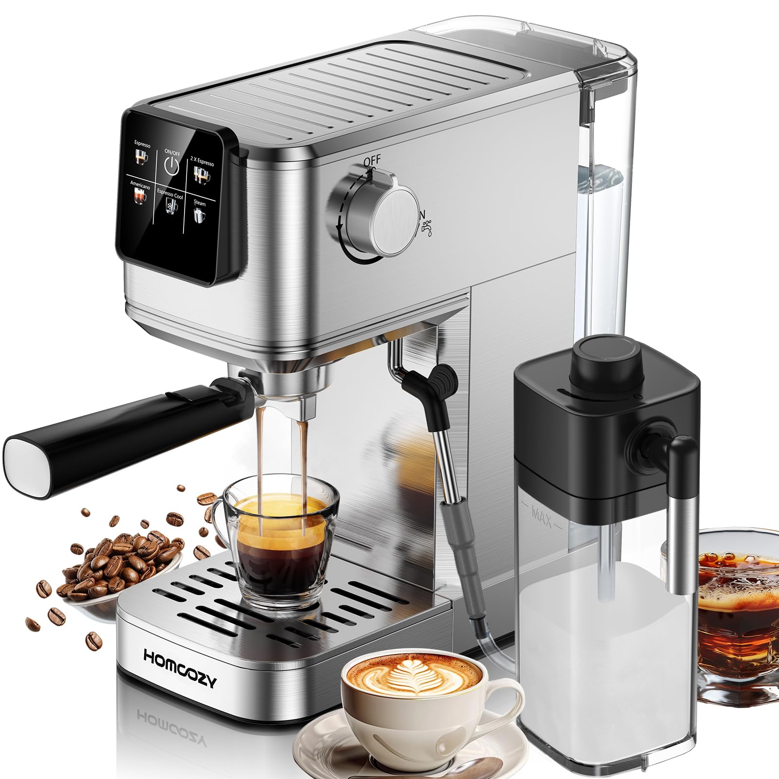 Photo 1 of 20 Bar Espresso Machine, Hot & Cold Brew Coffee Maker with Milk Frother, Touch Screen, Compact Water Tank, Expresso Coffee Machines for Lattes, Cappuccinos, Americano, Home & Office, Stainless Steel