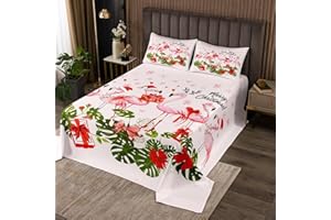 CASTLE FAIRY Merry Christmas Quilt Bedding Set Queen Size,Pink Flamingo Cartoon Bird Animal Bedspread Coverlet for Girls Teens,Winter Snowflake Green Leaves Soft Polyester Quilt Set, All Season