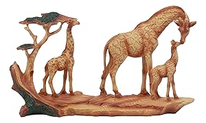 Ebros Safari Giraffe Family Statue 12"Long Faux Wood Resin Three Giraffes in Wilfdlife Savanna Scene Figurine