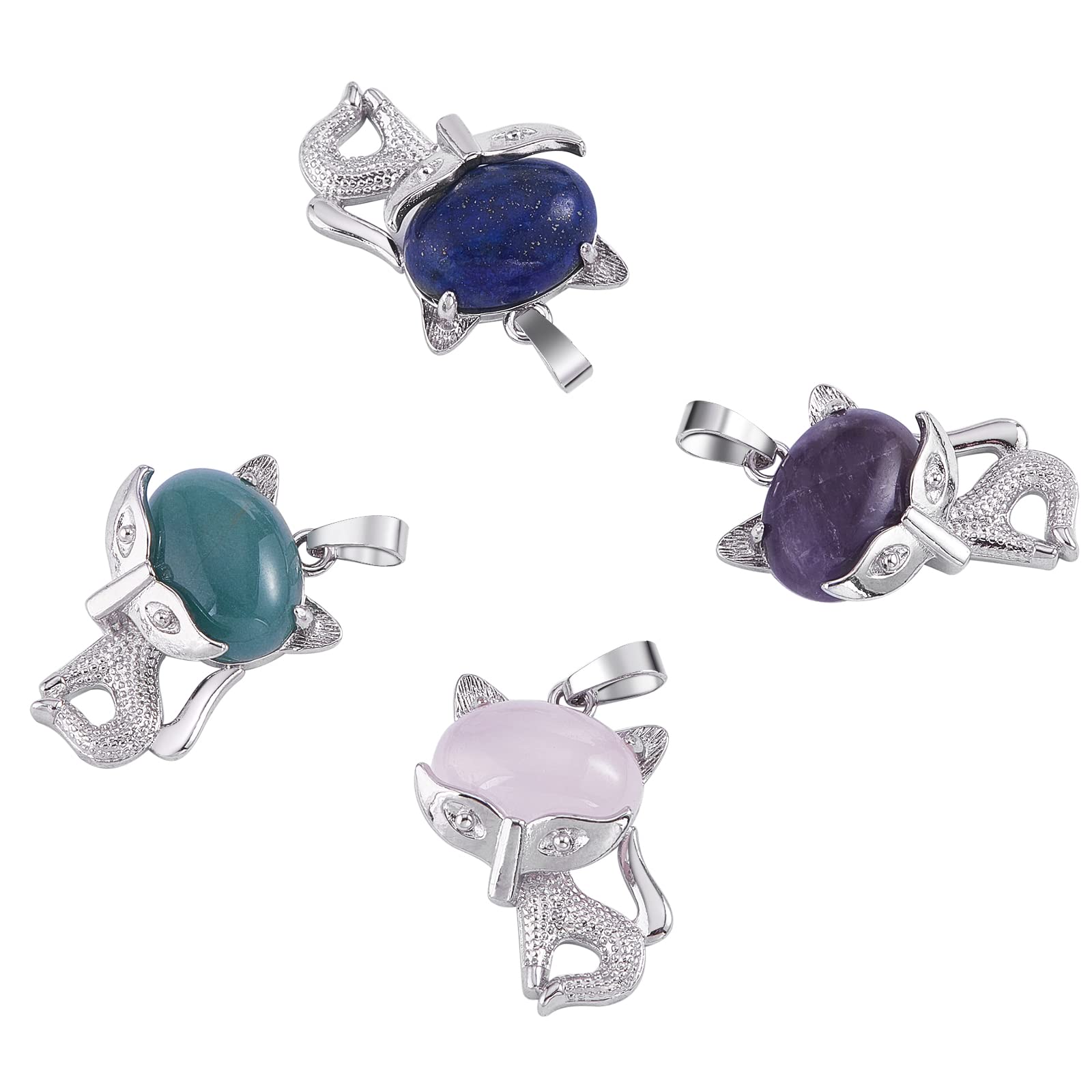 COGCHARGER 4 Pieces Cat Gemstone Charm Pendant Natural Stone Healing Crystal Charm with Platinum Tone Brass Findings for Jewelry Necklace Earring Making