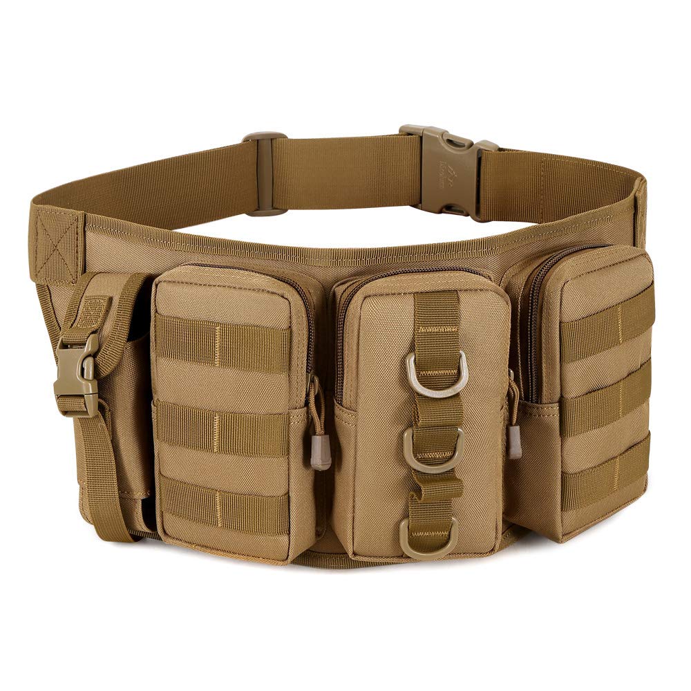 HUNTVP Bum Bag with Multi-Pockets Tactical Waist Bag Belt Fanny Pack Molle Bumbag Hip Belts Pouch for Camping Hiking Dog Walking Trekking Travel Outdoor,Brown