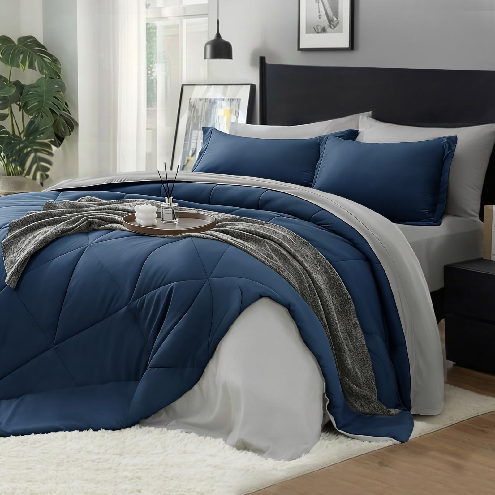BEDELITE Queen Comforter Set 7 Pieces Bed in A Bag - Soft Microfiber Reversible Calm Blue Bed Set with Comforters, Sheets, Pillowcases & Shams, Cozy Luxury Bedding Sets for All Season Image