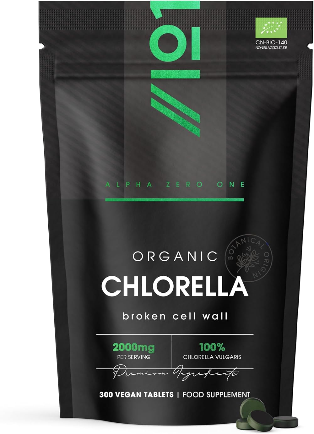 ALPHA01 Organic Chlorella 2000mg – 300 Vegan Tablets – Broken Cell Wall
