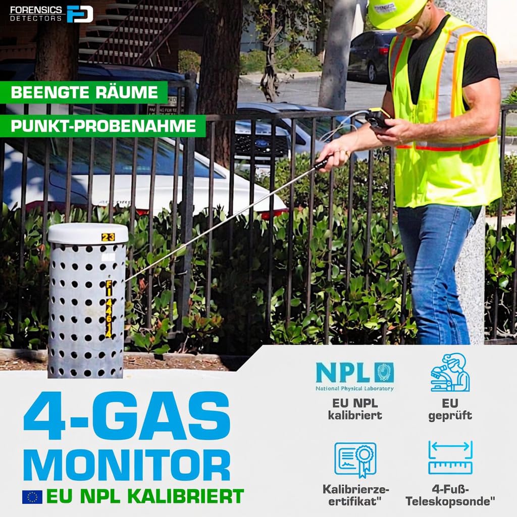 4-Gas-Messgerät mit Pumpe und Sonde | EU-Kalibrierzertifikat | Integrierte Pumpe und 4-Fuß-Sonde | Sauerstoff (O2), Kohlenmonoxid (CO), Schwefelwasserstoff (H2S), EX%UEG 2