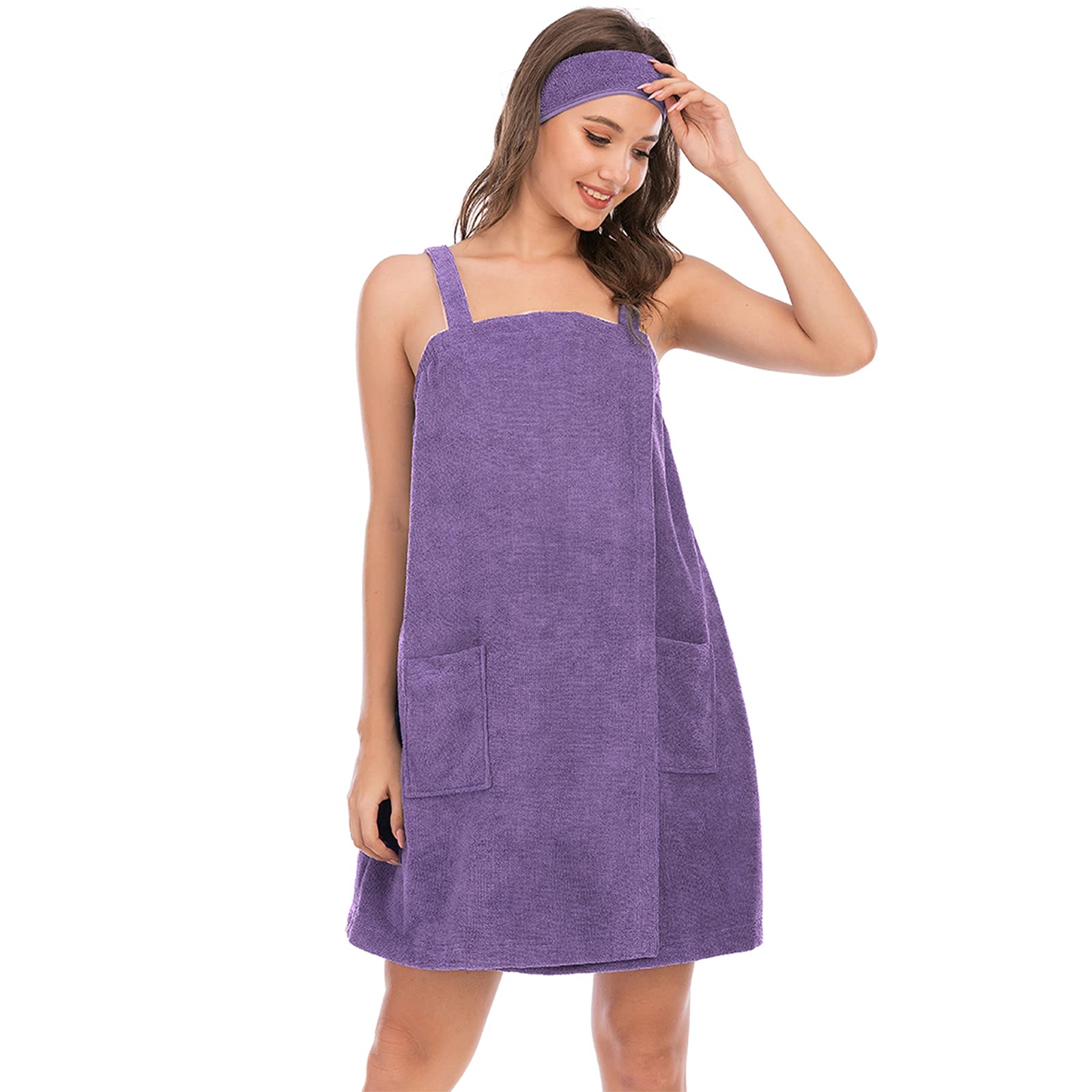 Jamron Womens Adjustable Towel Wraps Bathrobe With Headband for Gym Shower Spa & Beach Cover Ups Purple S