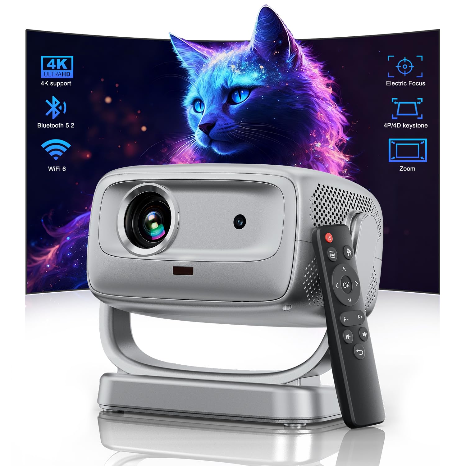 Photo 1 of 4K Smart Projector Native 1080P 1800 ANSI,Auto Focus,5G WiFi,Bluetooth 5.2,Built-in Apps,Portable Outdoor Movie Projector Compatible with iPhone/Android, Zoom&Keystone Correction,180° Adjustable Stand