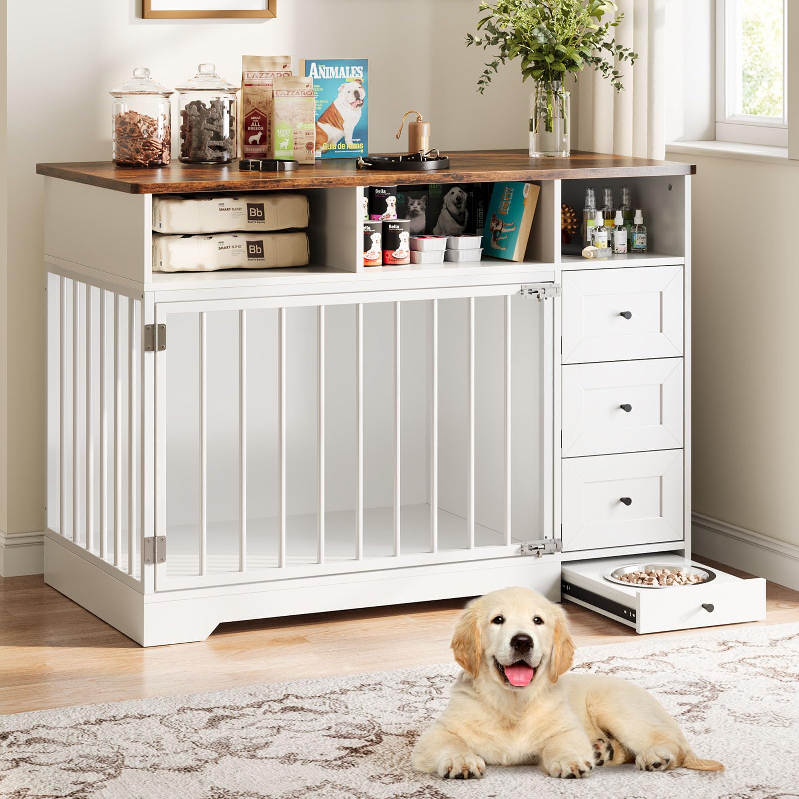 Photo 1 of 48'' Dog Crate Furniture, Farmhouse Heavy Duty Dog Kennel with Bowl & Storage Drawers, Medium Dog Cage End Table for Small Medium Dogs, White
