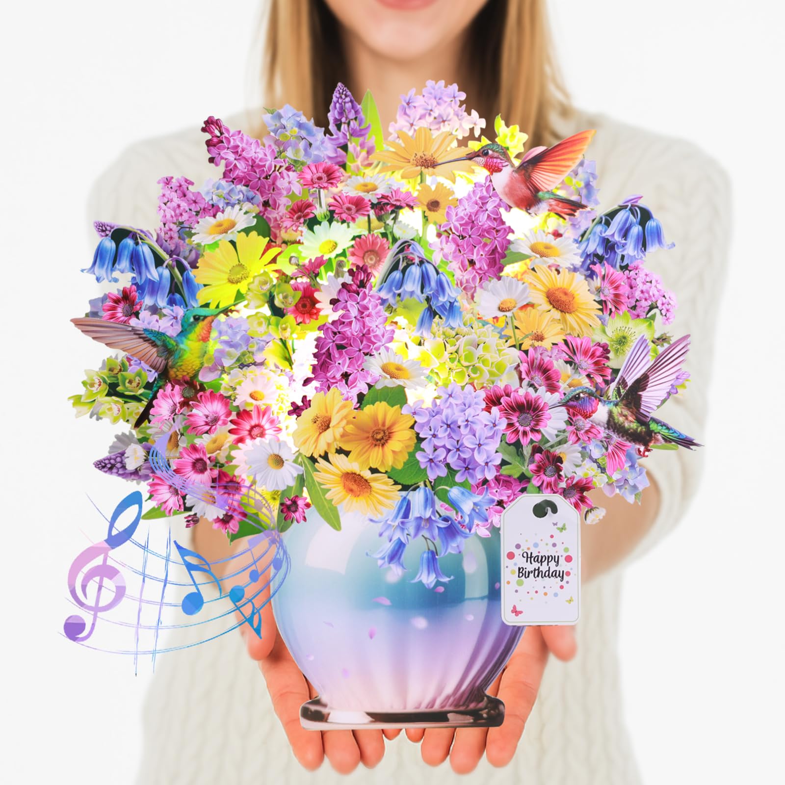 Photo 1 of CUISH Pop Up Card with Birthday Music and Lights Life Sized 3D Paper Flower Bouquet – Greeting Card for Women, Mom, Wife, Daughter, Grandma – Birthday Gift with Envelope-Hummingbird