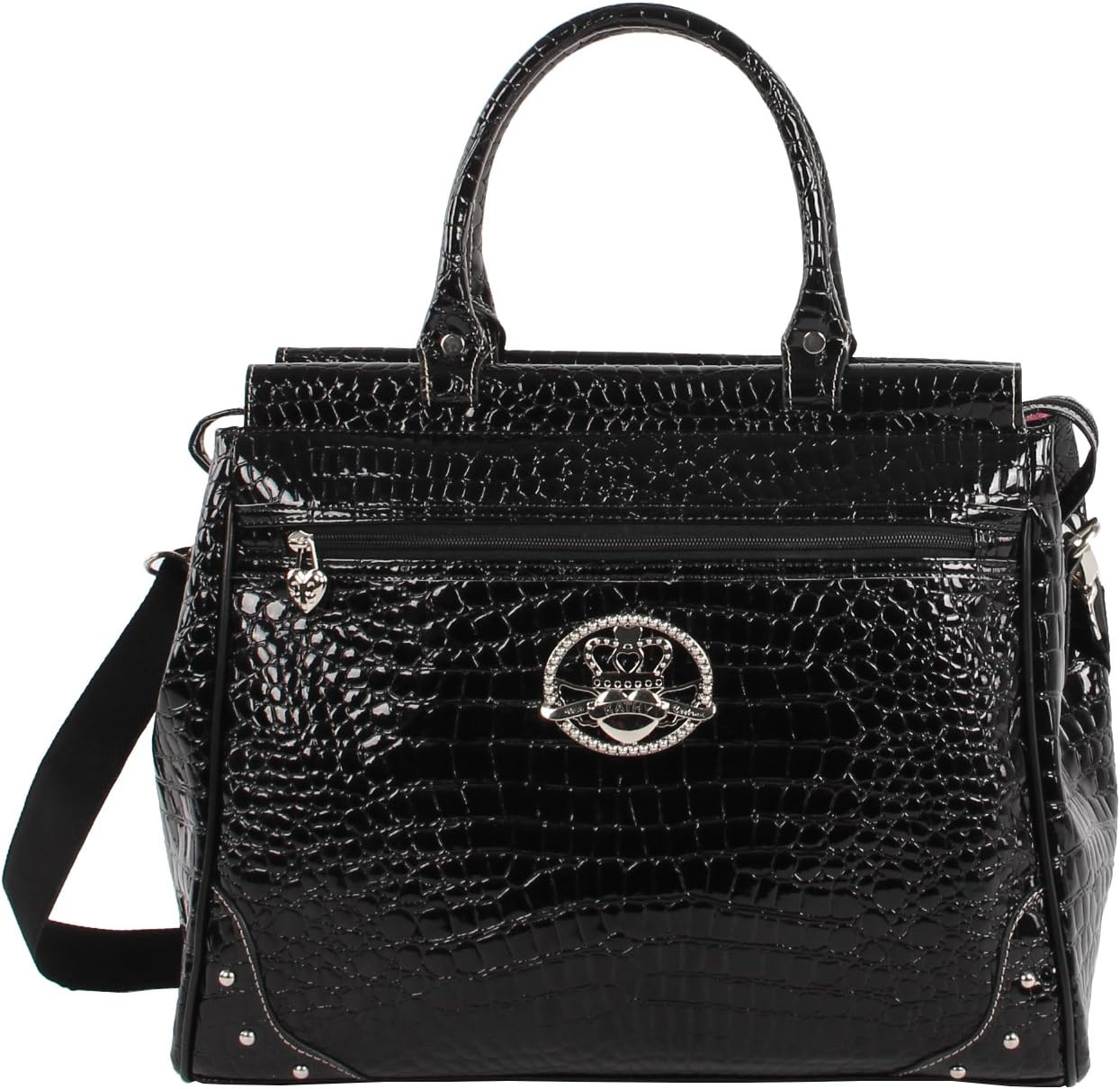 Kathy Van Zeeland Croco PVC Designer Handbag - 16 Inch Dowel Bag Carry On Luggage - Lightweight Durable Travel Overnight Work Purse for Women (Black)