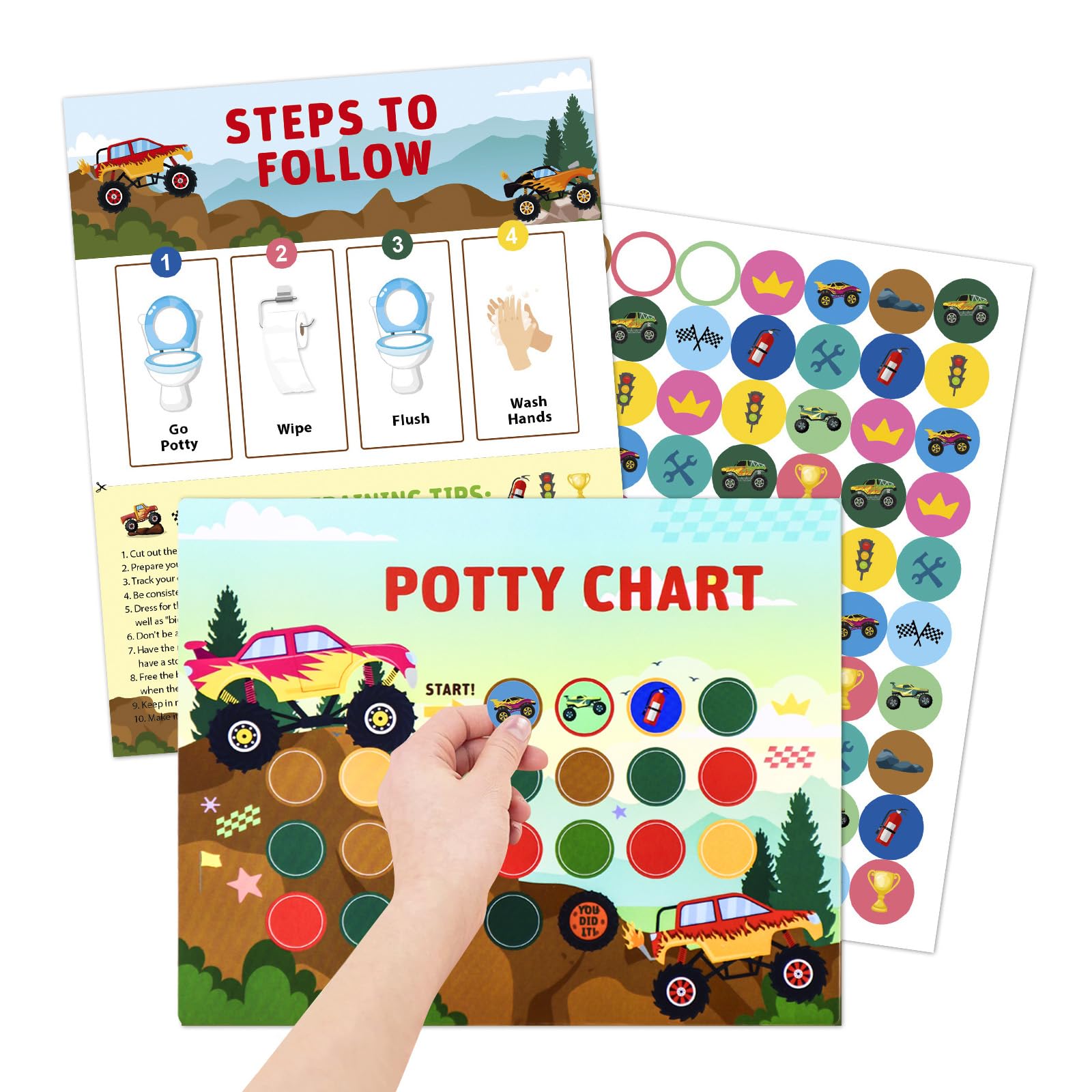 10 Pcs Monster Truck Potty Training Sticker Chart, Potty Training Chart for Boys and Girls, Potty Reward Chart Stickers, Potty Training Chart with Stickers, Potty Sticker Chart for Toddlers Boy (1)