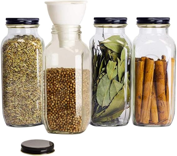 16 oz Spice Jars with Lids 4 Square Glass Bottles With 4