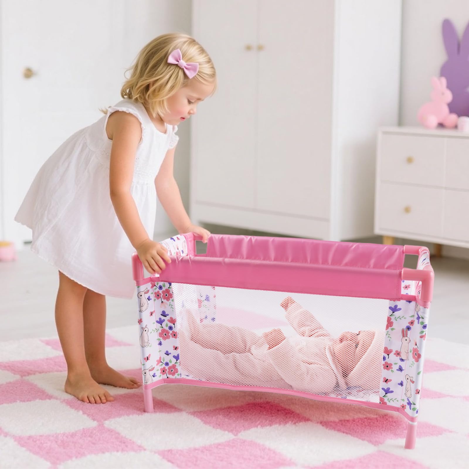 Reborn Baby Dolls Crib, Babys Doll Bed for 18 Inch Baby Dolls, Removable Babys Doll Playpen Toy Crib, Reborn Baby Doll Accessories with Storage Bag, Pack n Play Toy Gift for Kids