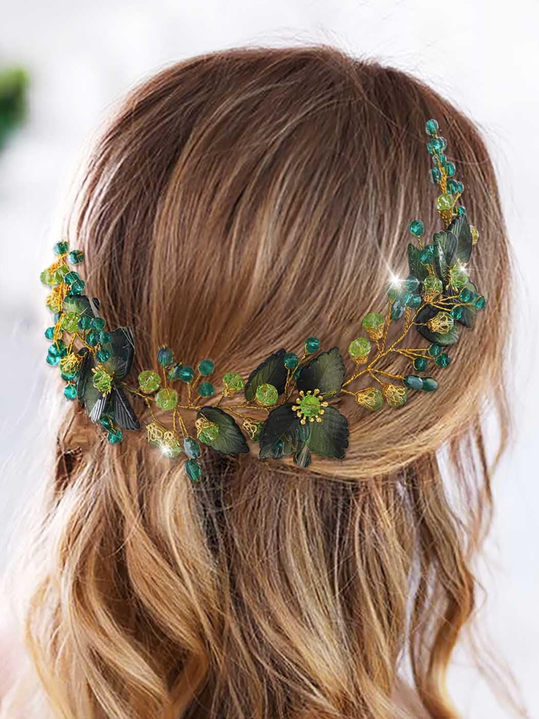 IYOU Crystal Wedding Hair Vine Green Leaf Bridal Headband Rhinestone Headpiece Prom Bride Bridesmaid Hair Accessories for Women