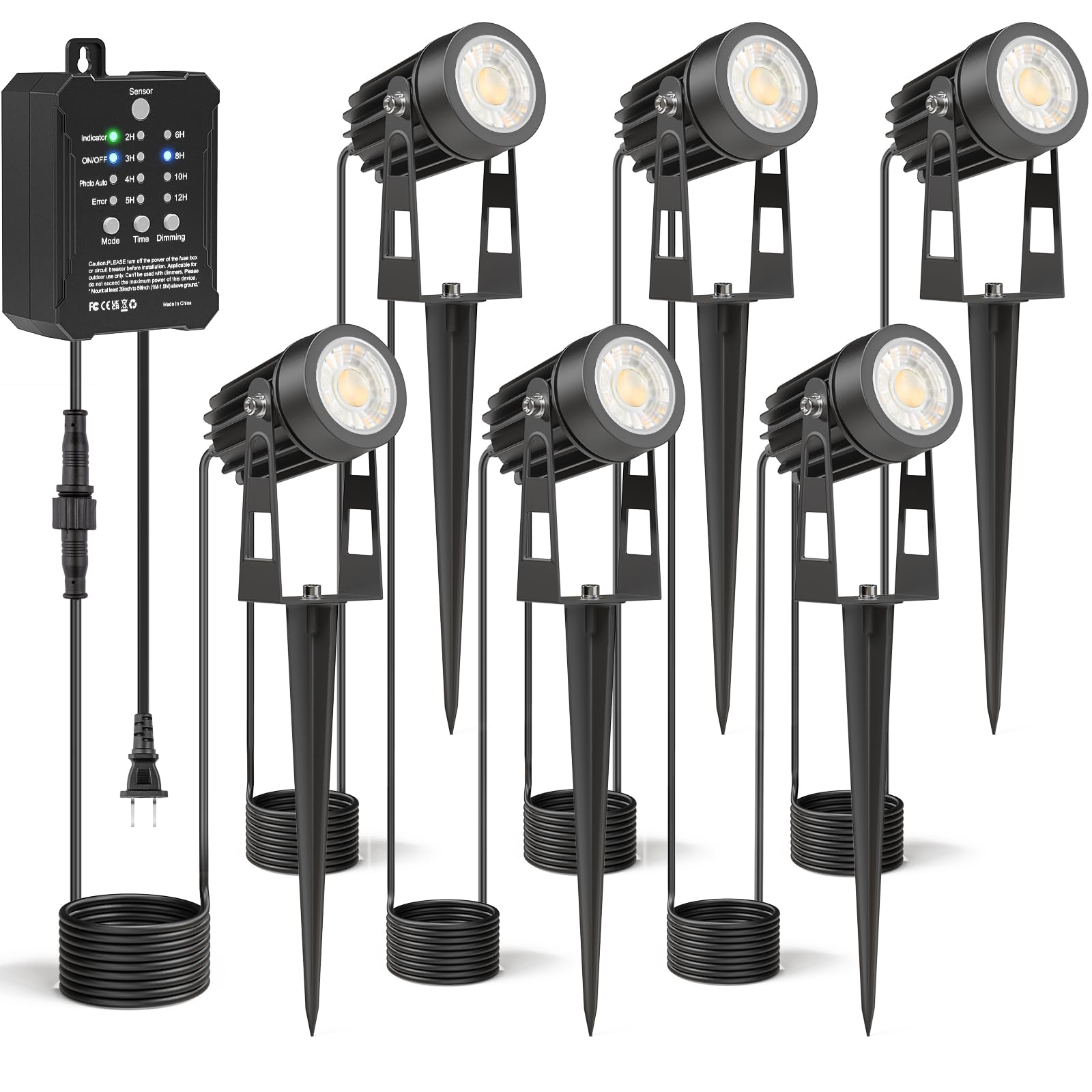 Photo 1 of HIBOITEC Low Voltage Landscape Lighting with Transformer Photocell Sensor and Timer Spotlights Kit 52FT ETL Approved Wire Dimmable Waterproof 4000K for House Yard Trees Garden Plants Outdoor 6 Packs