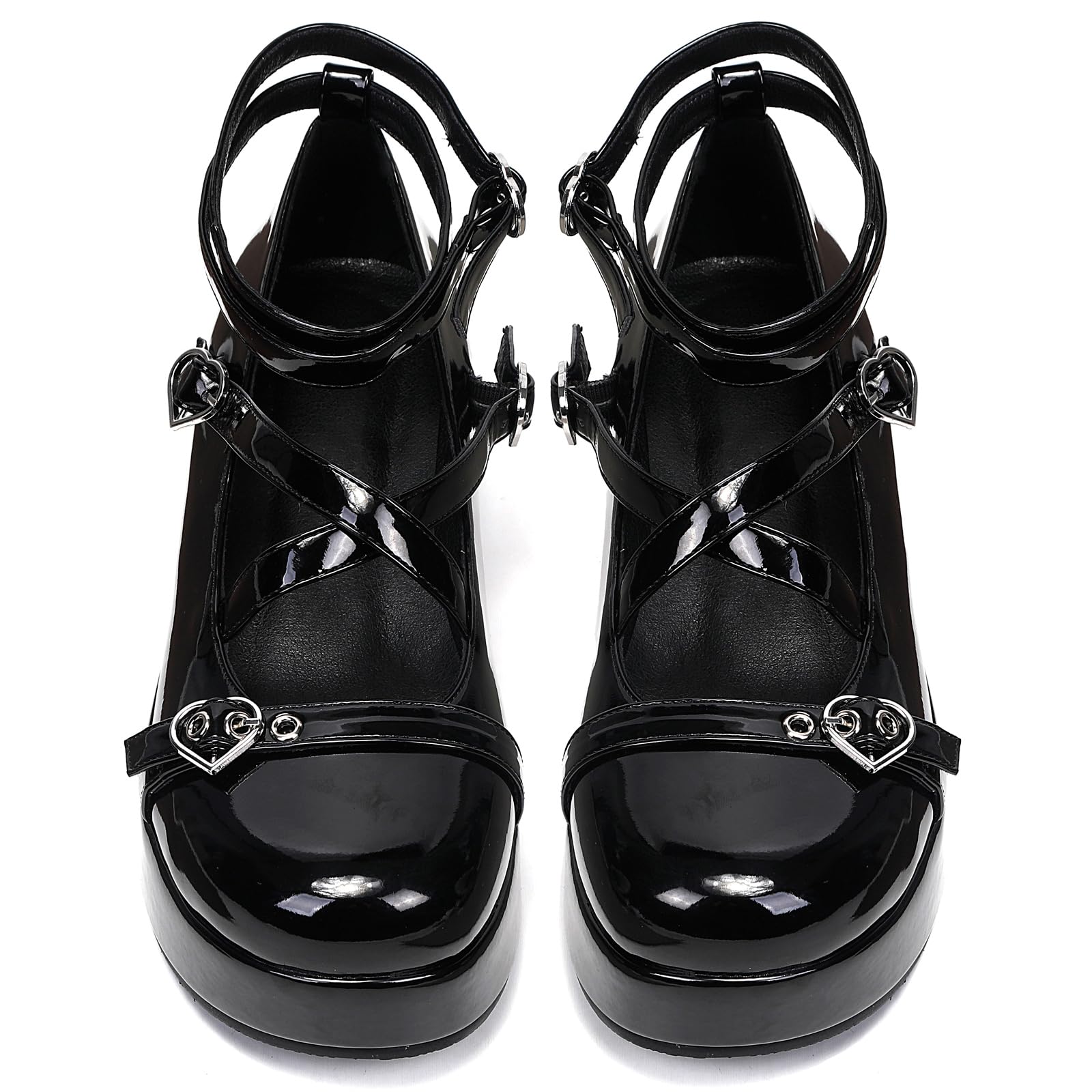Photo 1 of Shoes Women Goth Platform Heels Chunky Heel Pumps with Ankle Strap Cute Wedge Heels for Women Patent Leather Black Size 7.5