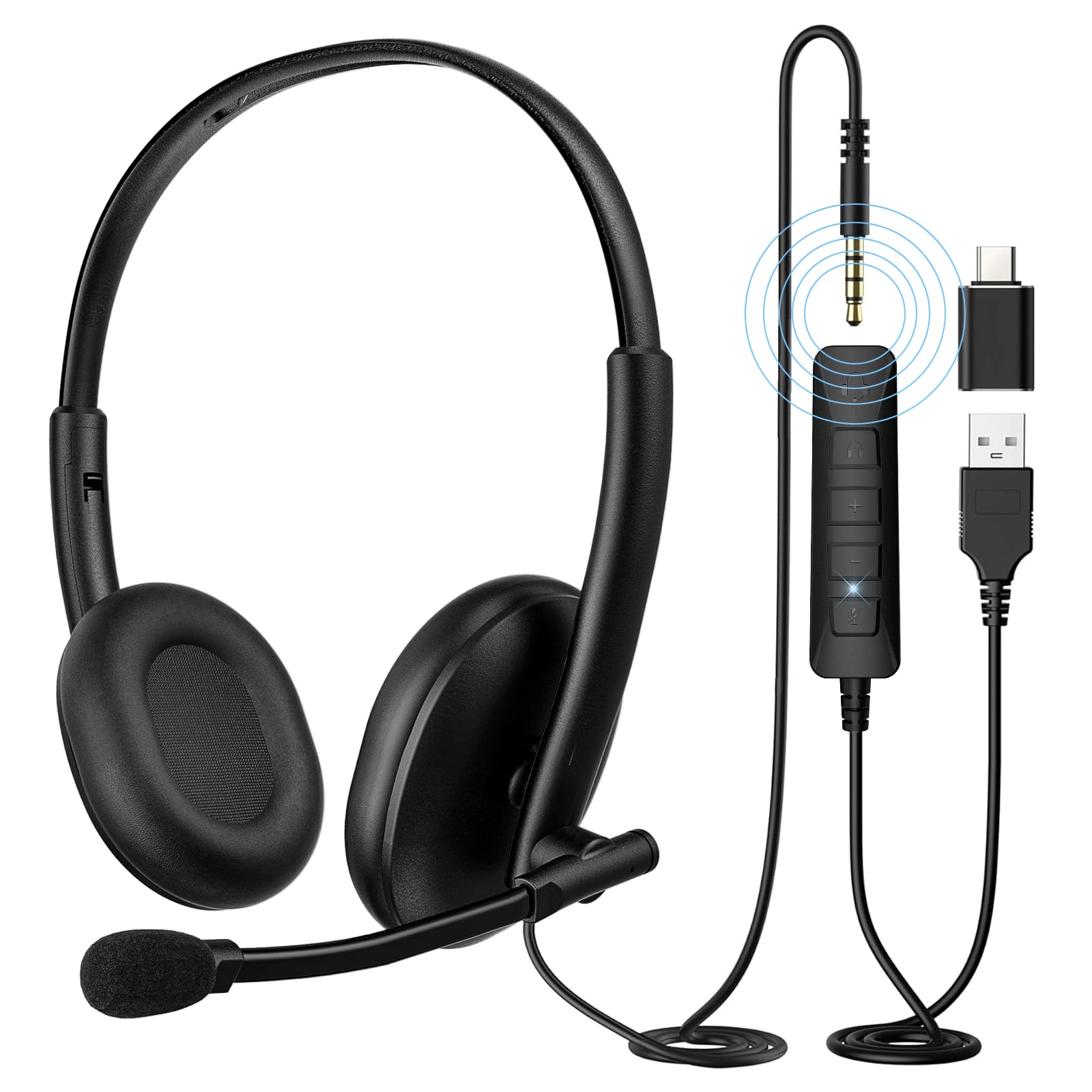 Photo 1 of **MISSING ATTACHMENT**
REBOCOON USB Headset with 290° Rotating Noise-Canceling Microphone, USB-A/Type C/ 3.5mm Wired Lightweight Office Headphone with Mute Button & Volume Control for PC, Mac, Cell Phone, Zoom Calls