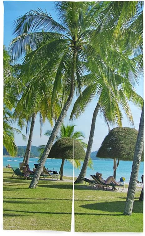 Amazon Masai のれん おしゃれ ハワイ 森 海 空柄 目隠し 突っ張り棒付き 86 143cm のれん オンライン通販