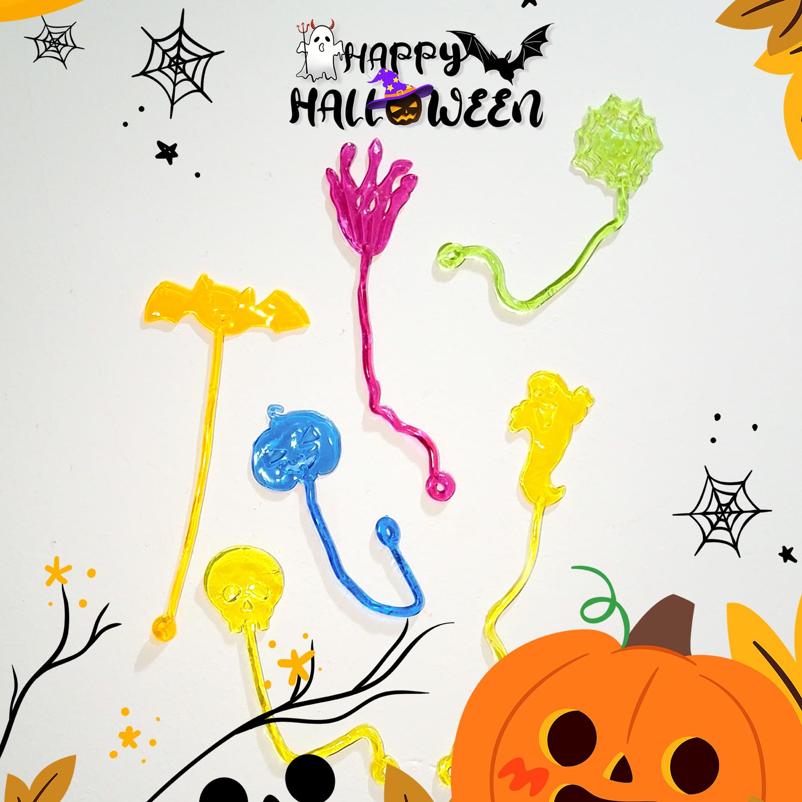 28 pcs Halloween Sticky Hands Toys for Kids, Skull Bat Ghost Pumpkin Styles Sticky Stretchy Toys for Goodie Bags, Pinata Fillers, Classroom Prizes Halloween Trick or Treat Party Favors