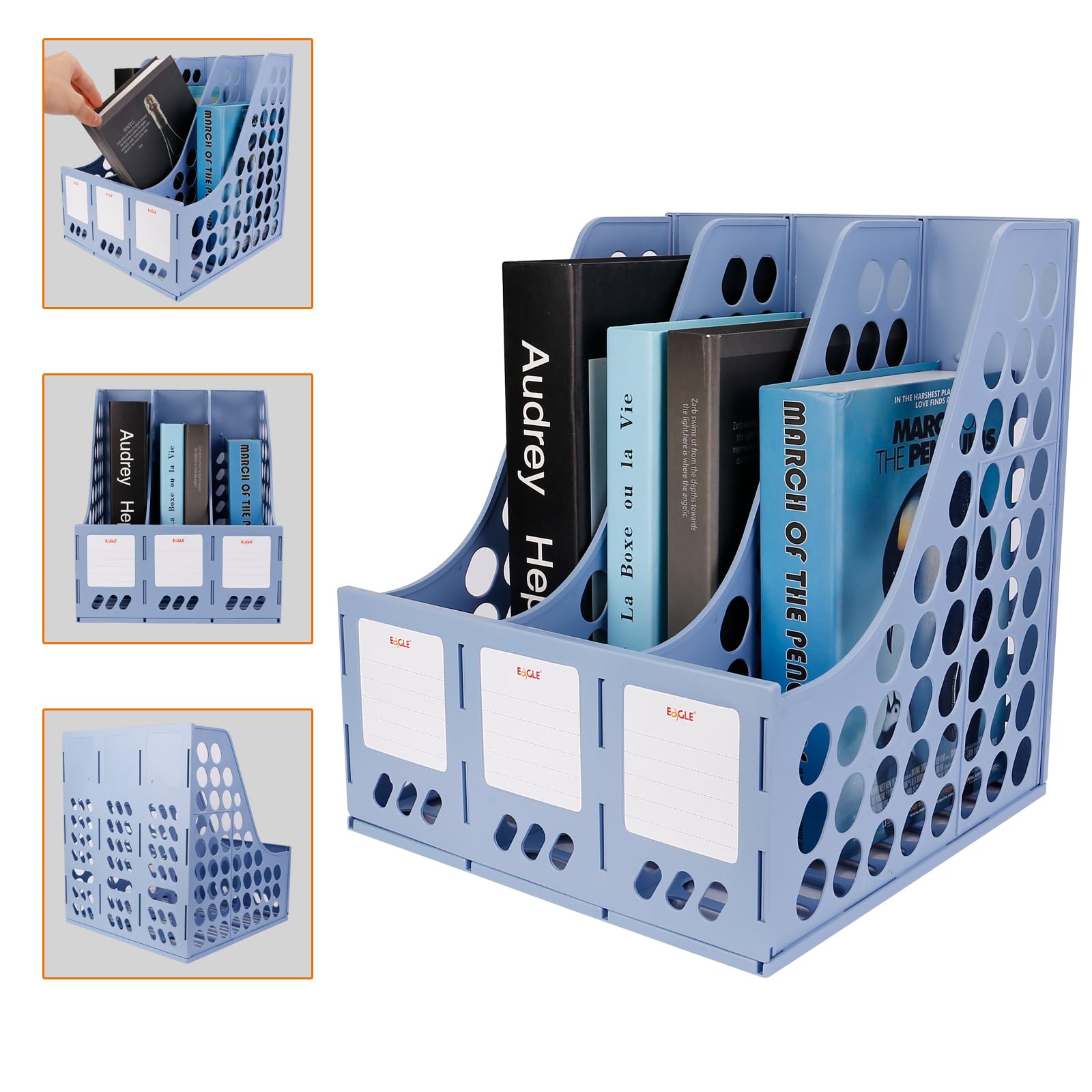 Eagle 3-Compartment Magazine File Book Holder - Sturdy Plastic Organizer - Desktop Document Divider Organizer for Office, Home, or Study